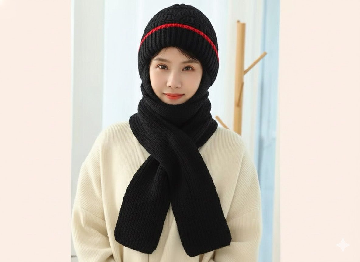 Winter Scarf Cap - কালো স্ট্রাইপ